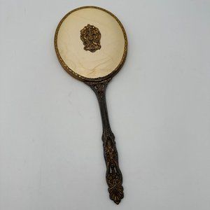 Brass Tone Vintage Hand-Held Beveled Edge Oval Vanity Mirror